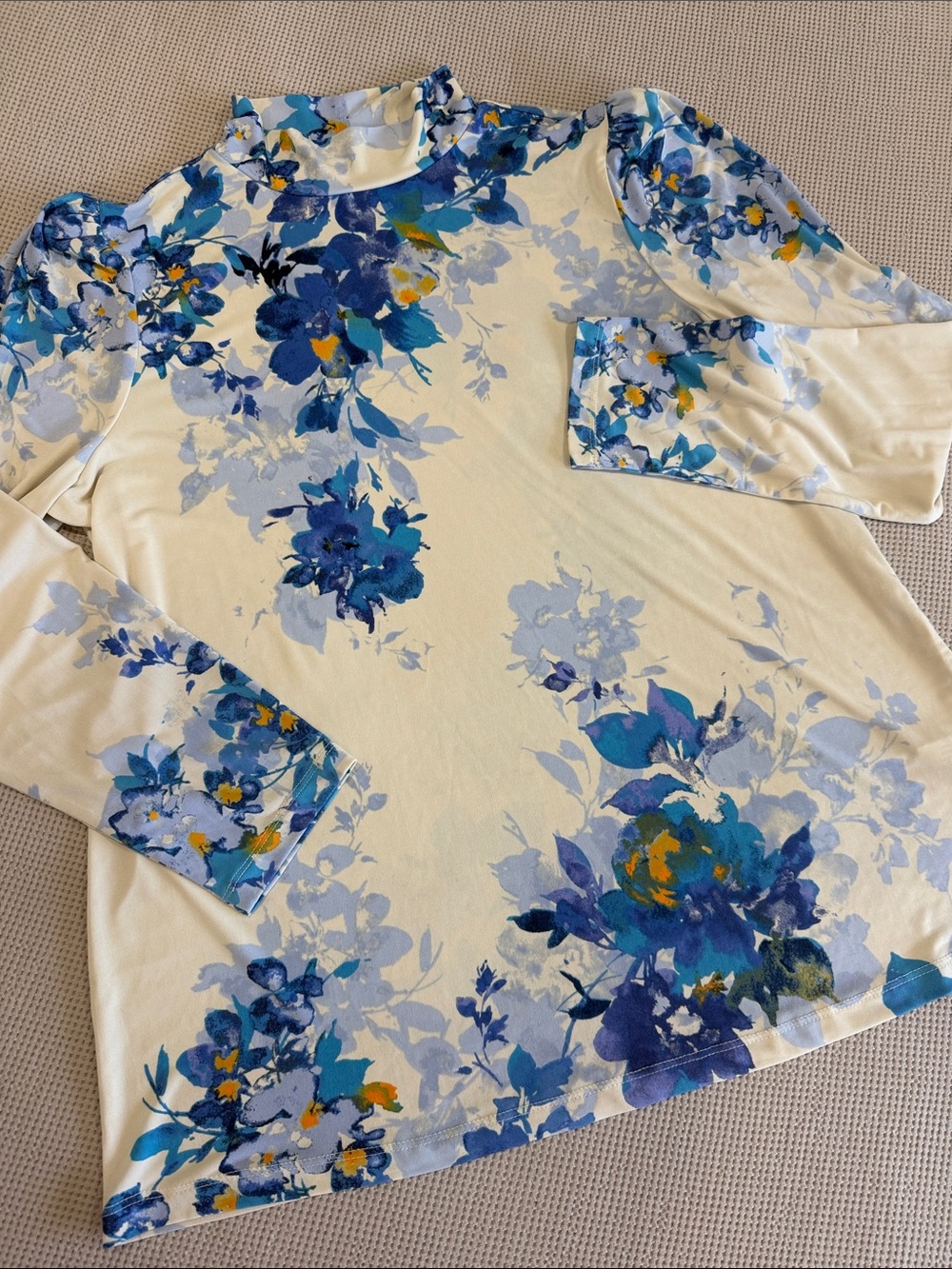 Susan Graver Cream Long-Sleeve Top with Blue Floral Print